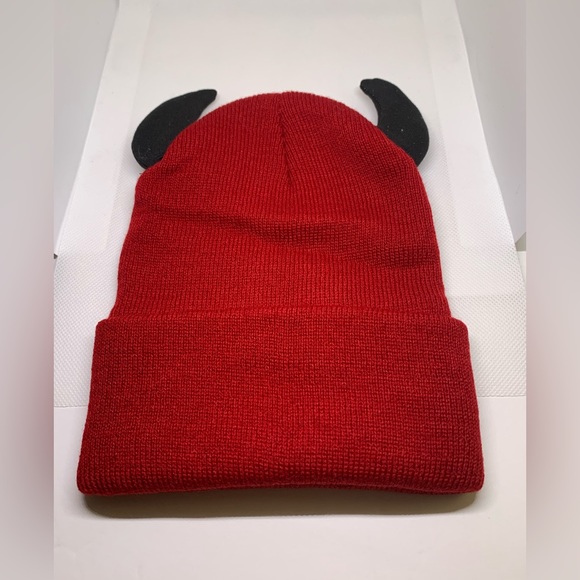 3 pack 1 red 1 pink 1 white knit beanie cap horns devil hat winter goth punk emo - Picture 11 of 12
